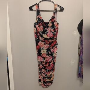 Express Black Floral Ruched Mesh Body Con Midi Dress